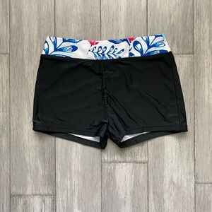 Black Womens Swim Shorts with Blue Floral Tropical Waistband